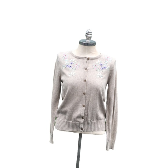 Beautiful LIZ Claiborne Tan floral embroidered Cardigan sweater medium 1529 - Picture 5 of 8